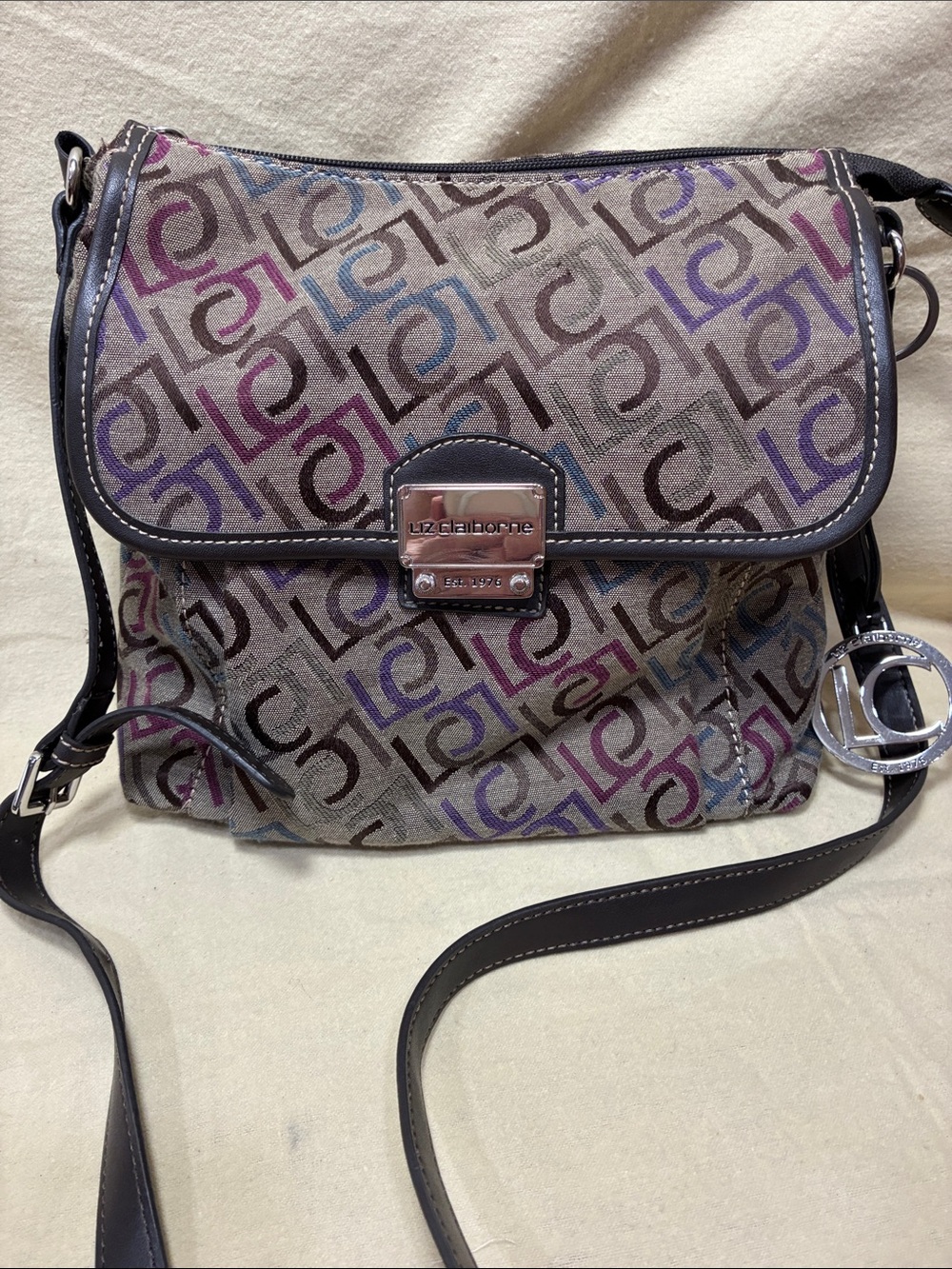 Liz Claiborne Taupe Crossbody with Purple, Blue & Burgundy Logo Print